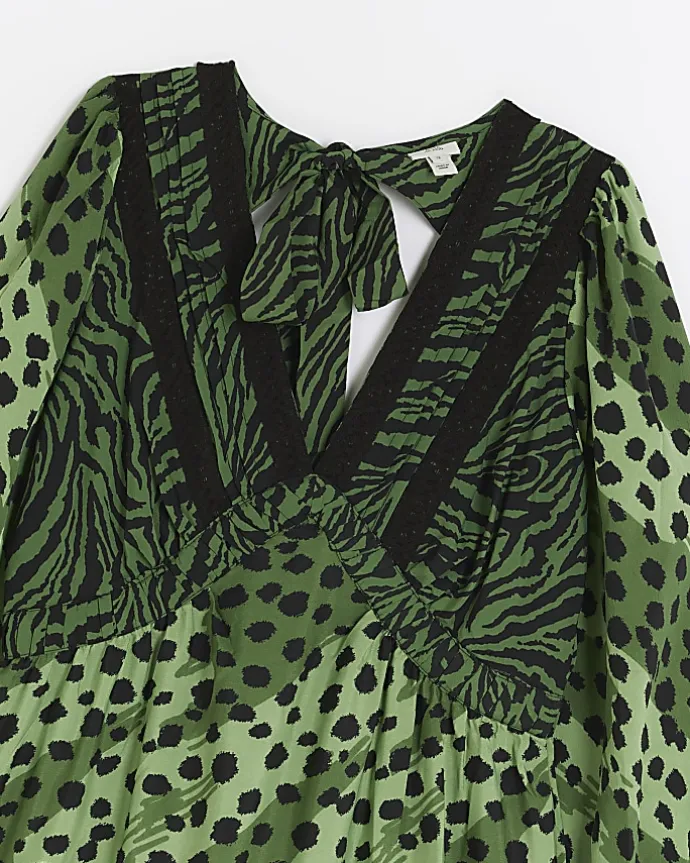 Green animal print swing midi dress
