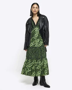 Green animal print swing midi dress