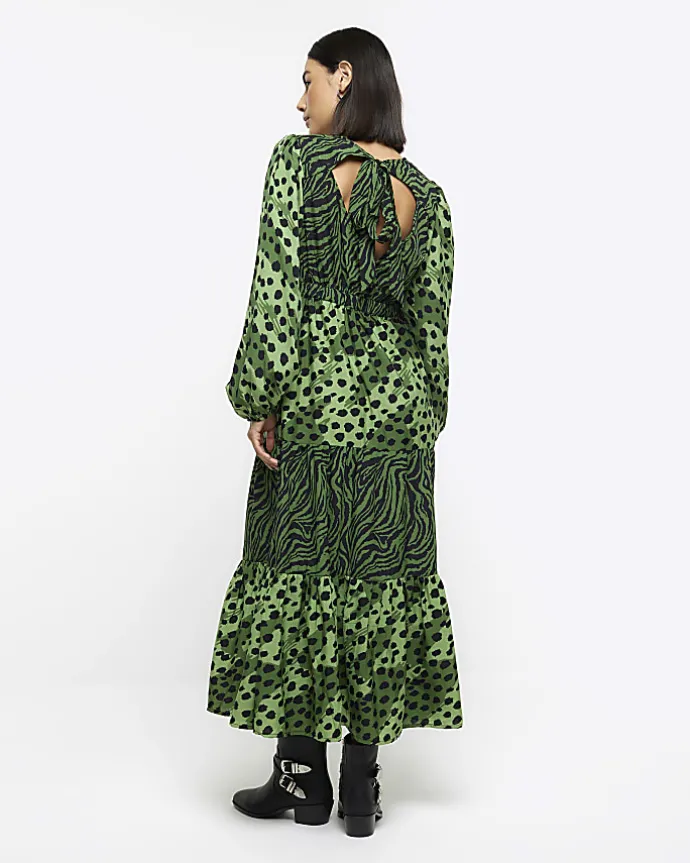 Green animal print swing midi dress