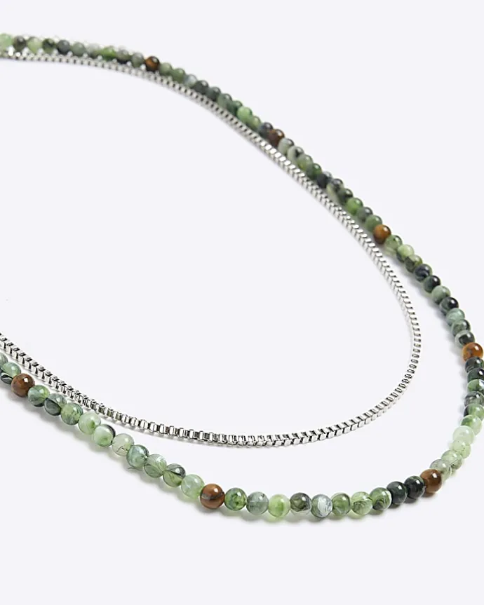Green beaded multirow necklace