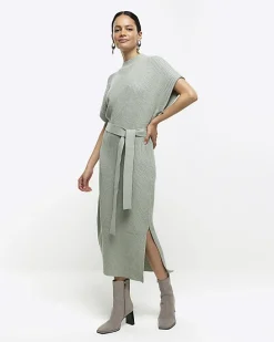 Green belted high neck jumper midi dress