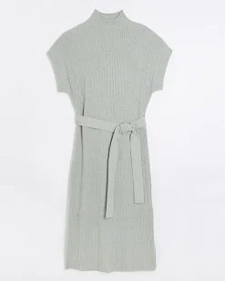 Green belted high neck jumper midi dress