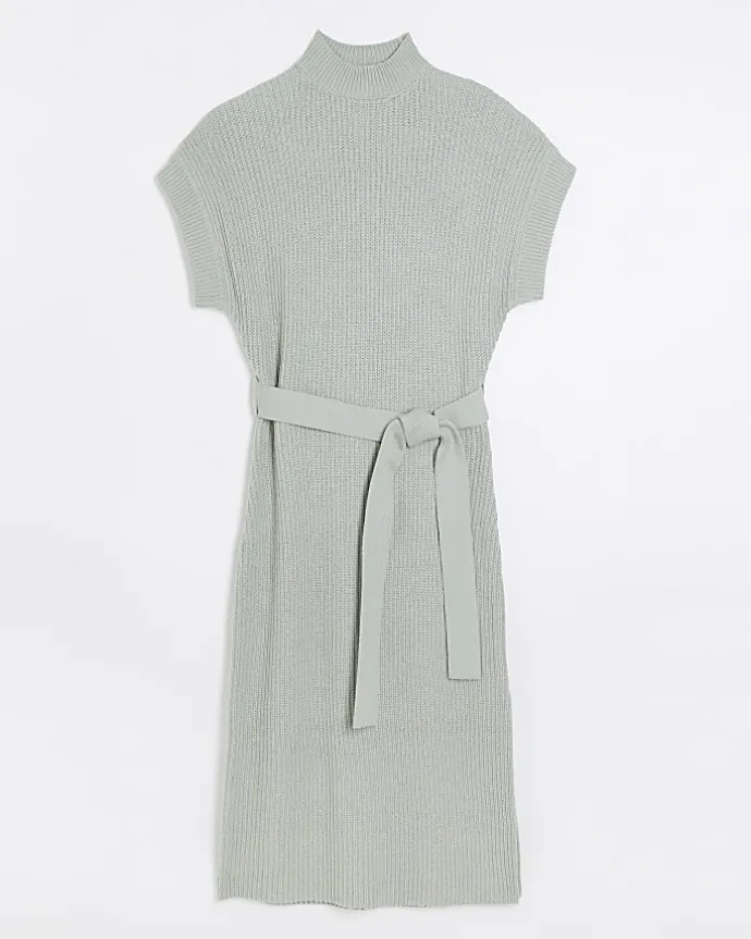 Green belted high neck jumper midi dress