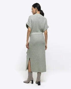Green belted high neck jumper midi dress