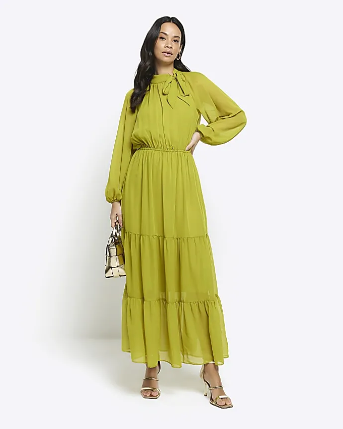 Green bow swing midi dress