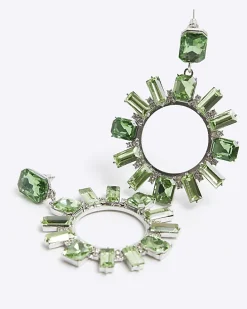 Green diamante open circle stud earrings