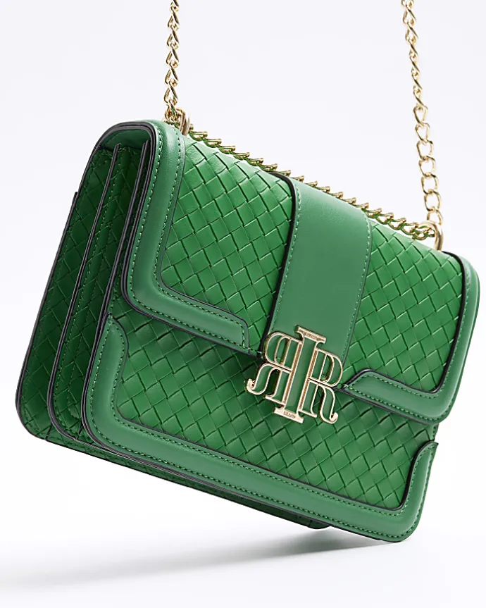 Green embossed woven satchel bag