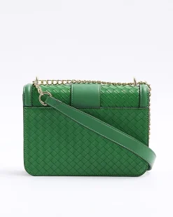 Green embossed woven satchel bag