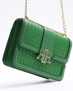 Green embossed woven satchel bag