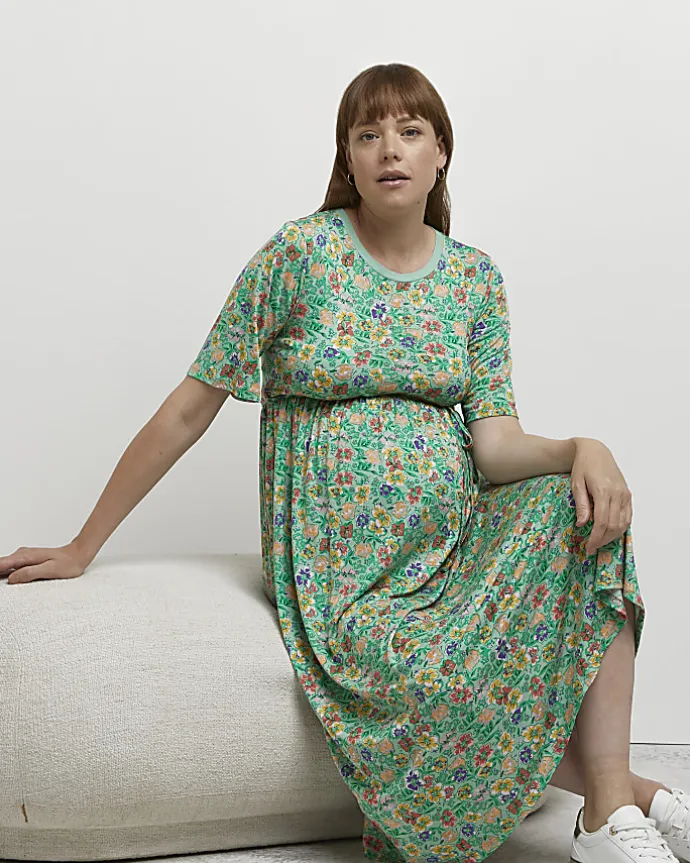 Green floral maternity midi dress