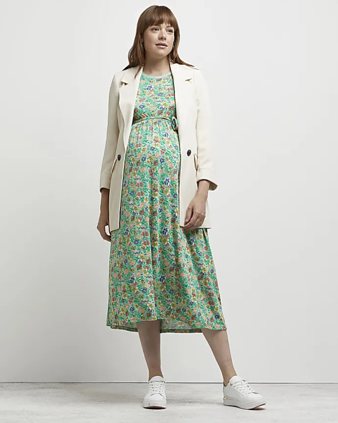 Green floral maternity midi dress