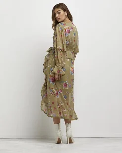 Green floral maternity wrap midi dress