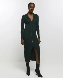 Green knit zip bodycon midi dress