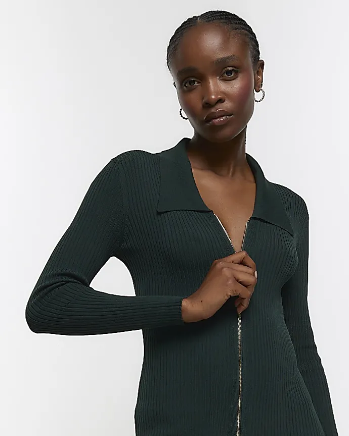 Green knit zip bodycon midi dress