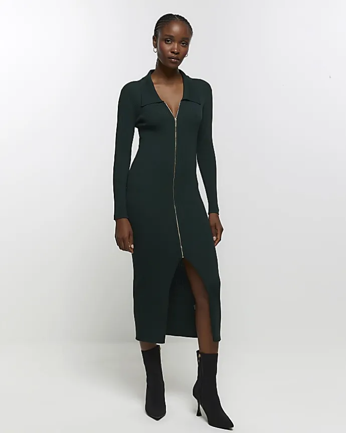 Green knit zip bodycon midi dress