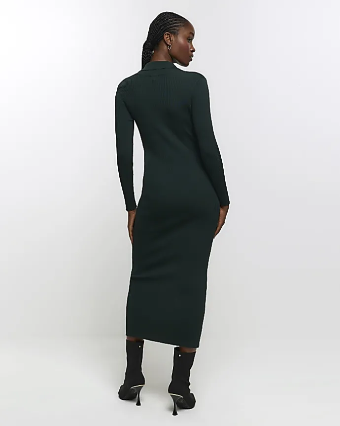 Green knit zip bodycon midi dress
