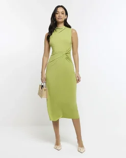 Green knot detail bodycon midi dress
