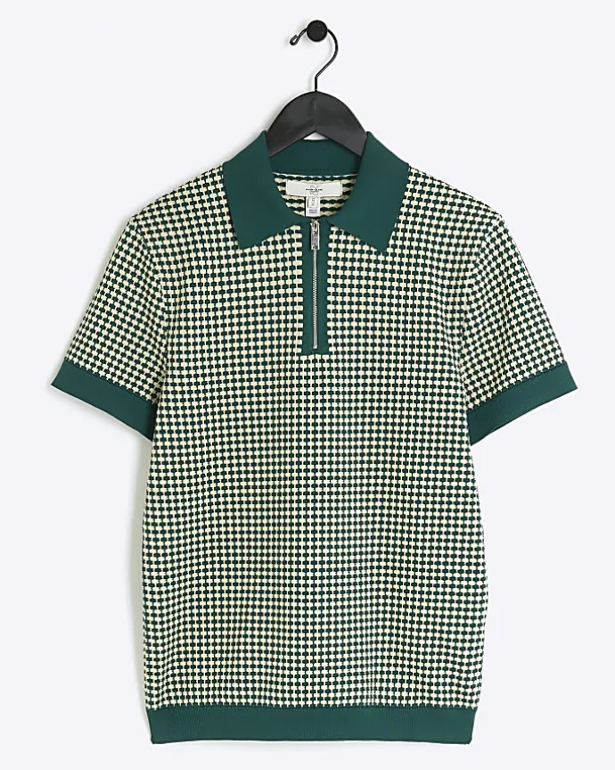 Green muscle fit knit geometric polo