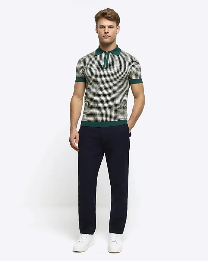 Green muscle fit knit geometric polo