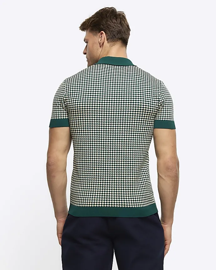 Green muscle fit knit geometric polo