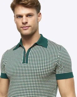 Green muscle fit knit geometric polo
