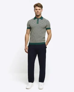 Green muscle fit knit geometric polo