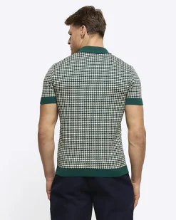 Green muscle fit knit geometric polo