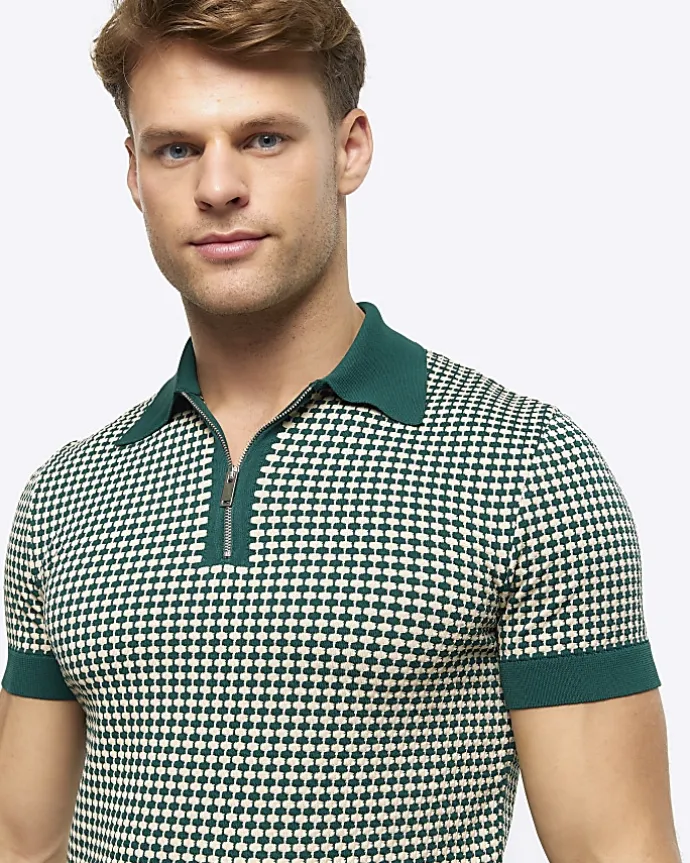 Green muscle fit knit geometric polo