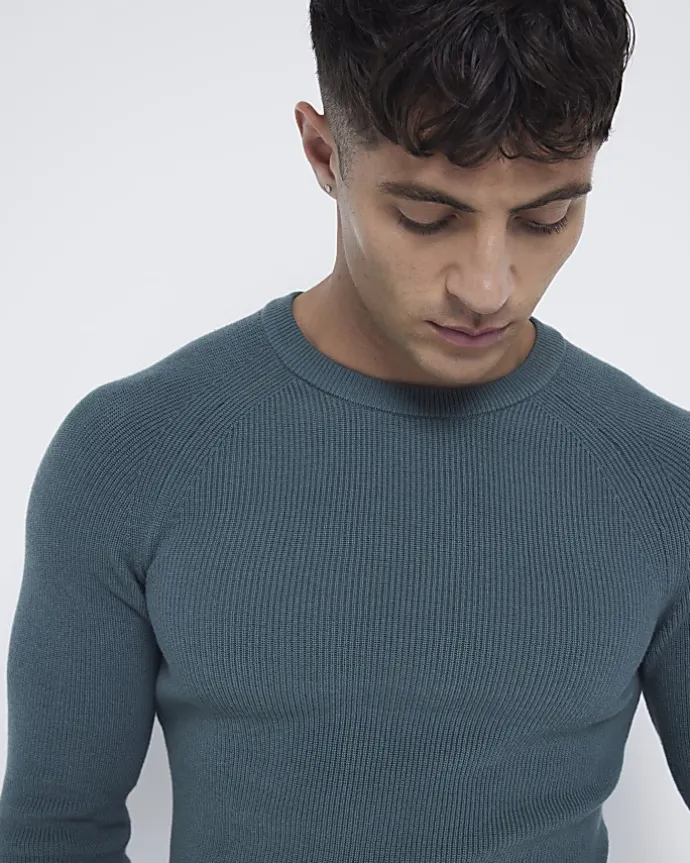Green muscle fit rib jumper