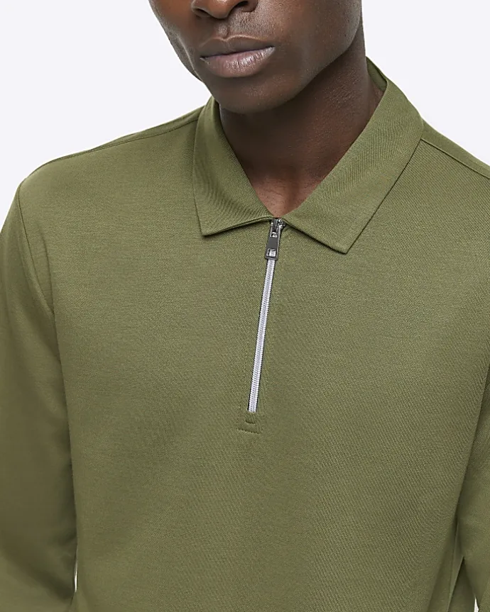 Green regular fit half zip polo