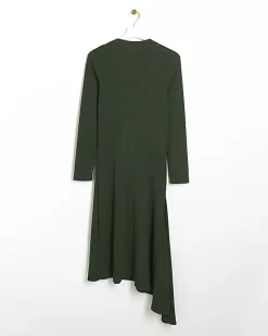 Green rib asymmetric bodycon midi dress