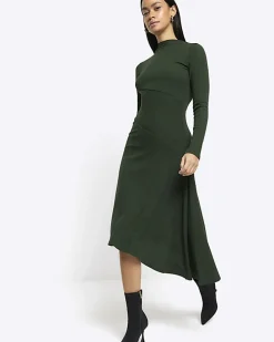 Green rib asymmetric bodycon midi dress
