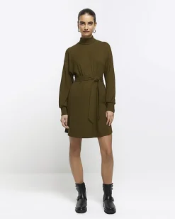 Green rib belted jumper mini dress