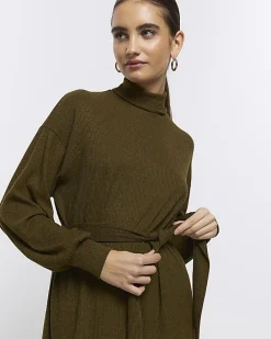 Green rib belted jumper mini dress