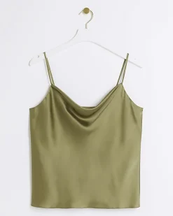 Green satin cowl neck cami top