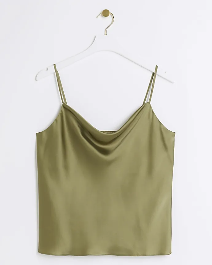 Green satin cowl neck cami top
