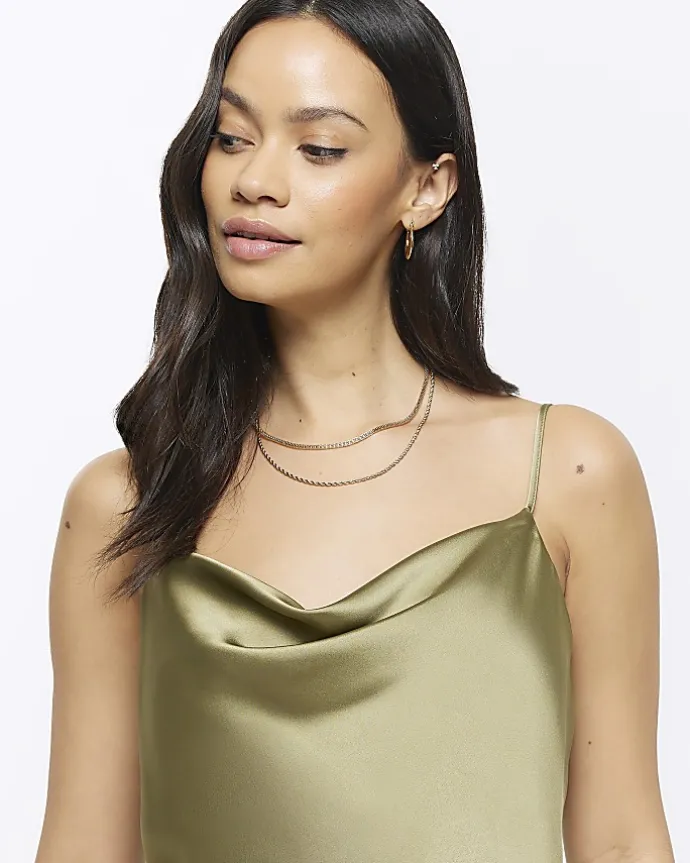Green satin cowl neck cami top