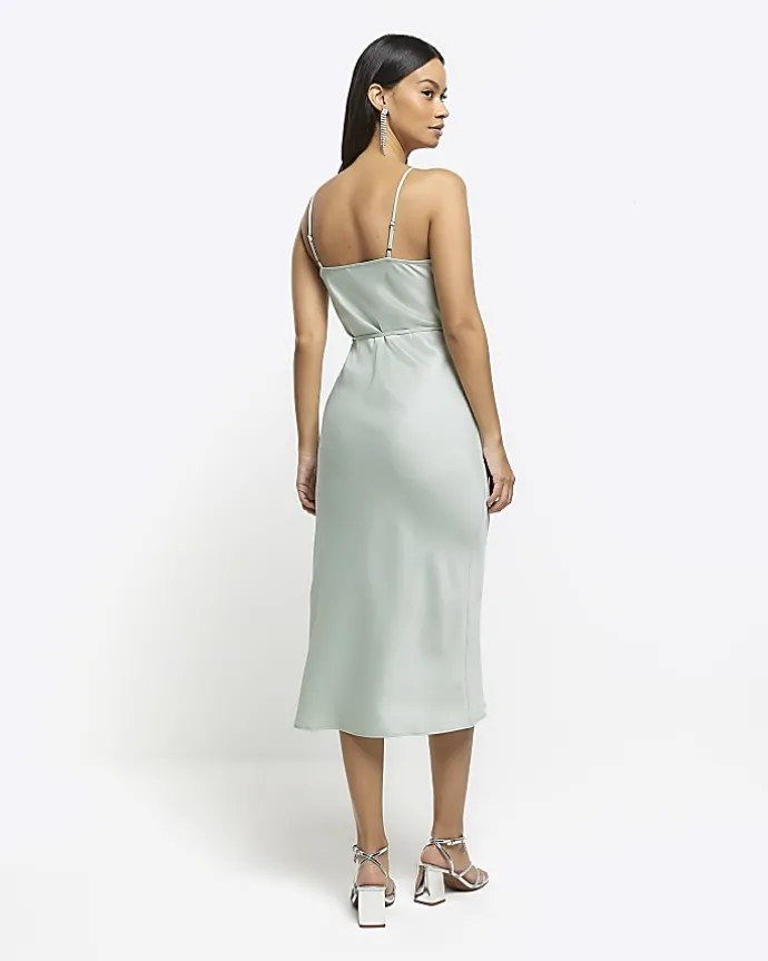 Green satin cowl neck slip midi dress