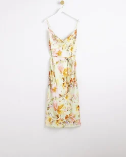 Green satin floral cowl neck slip midi dress