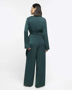 Green satin knot detail jumpsuit