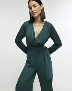Green satin knot detail jumpsuit