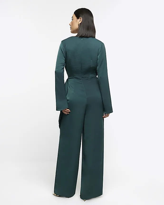 Green satin knot detail jumpsuit