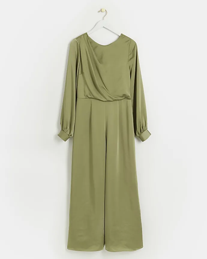 Green satin open back jumpsuit