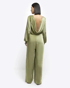 Green satin open back jumpsuit
