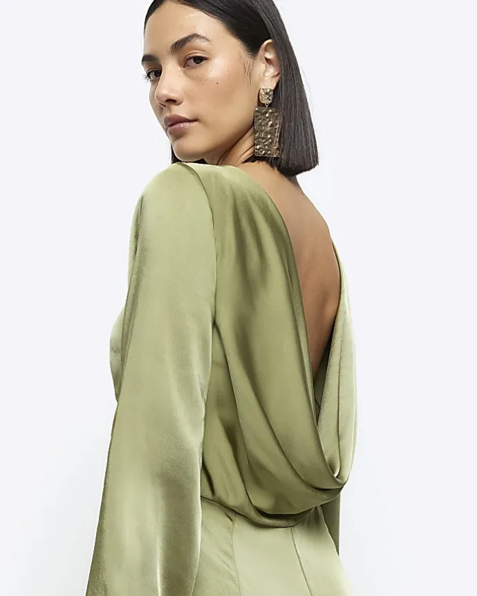 Green satin open back jumpsuit