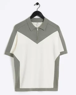 Green slim fit colour block knit polo