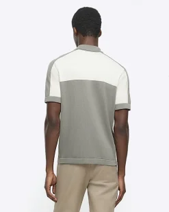 Green slim fit colour block knit polo
