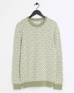 Green slim fit jacquard crew jumper