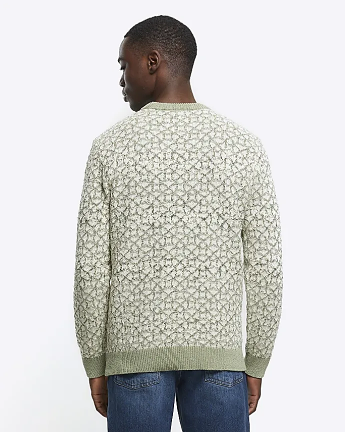 Green slim fit jacquard crew jumper