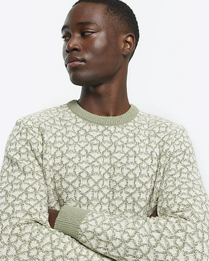 Green slim fit jacquard crew jumper